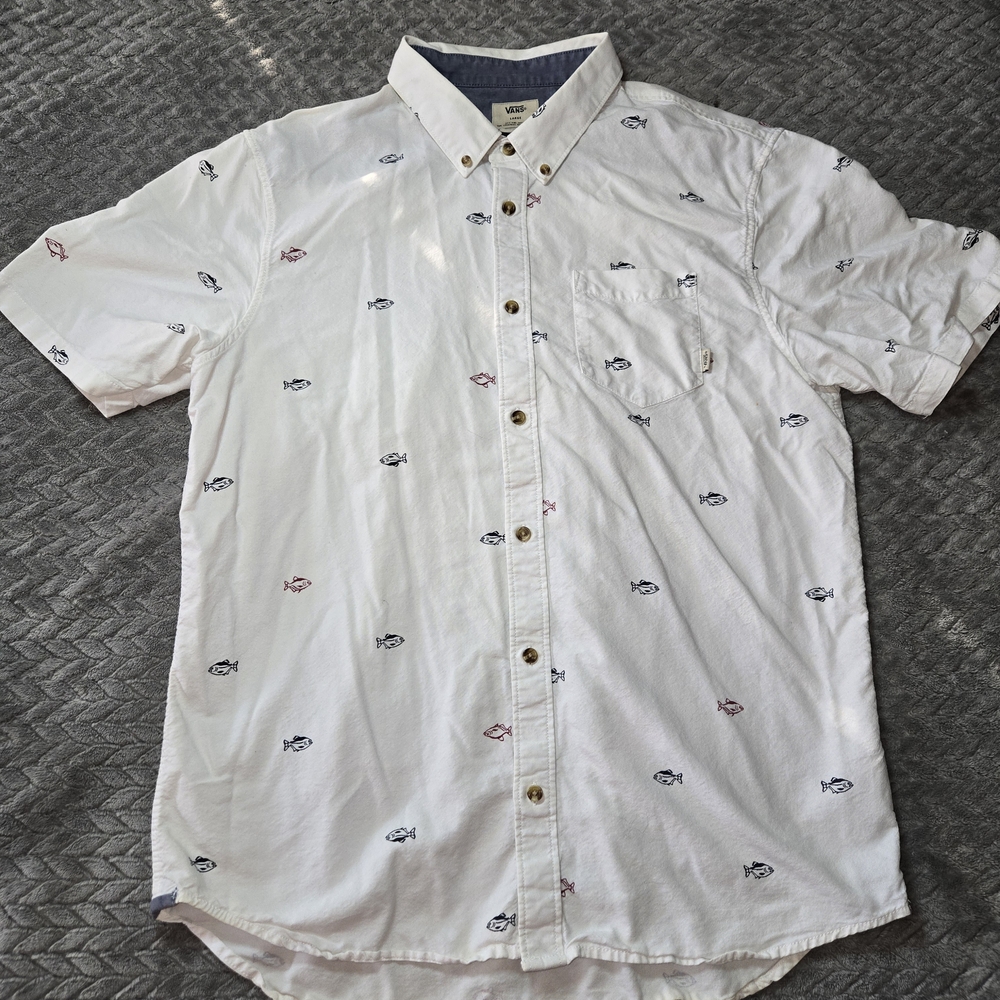 Vans Button Up Shirt Men Large Fishes Print Short Sleeve Classic Fit Casual